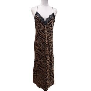 INC Intimates Black Brown Zebra Lace Slip Maxi Dress Small Satin Y2k Sexy Sleep